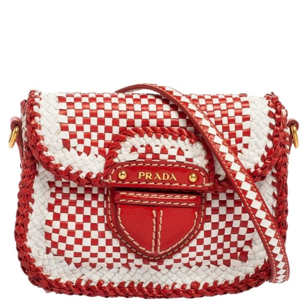 Prada red and white Woven Crossbody Bag